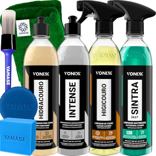 Kit Limpeza Interna Completa Hidratante Restaurador de Couro Hidracouro Limpa Couro Higicouro Limpador Bactericida Sintra Fast Revitalizador Plásticos Internos Intense 500ml Vonixx
