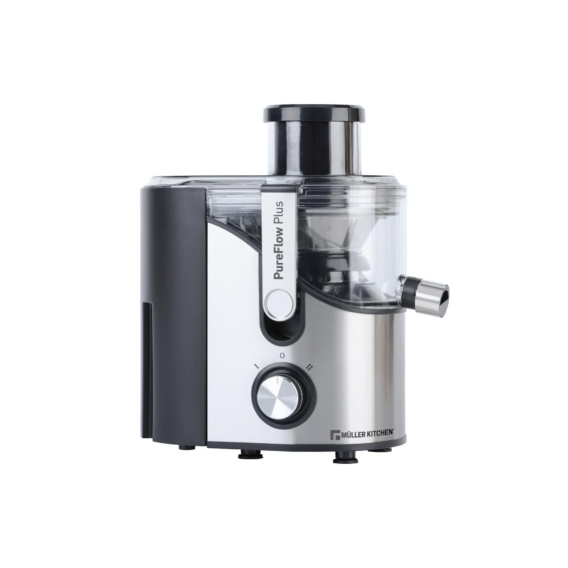 Muller Kitchen MK-6073 Licuadora para verduras y frutas (INOX, Tubo de alimentación extra grande, 2 velocidades, pies de goma antideslizantes)