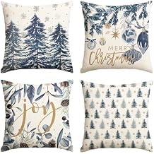 AVOIN colorlife Blue Merry Christmas Trees Snowflake Throw Pillow Covers, 18 x 18 Inch Joy Xmas Balls Winter Holiday Cushion Case Decoration for Sofa Couch Set of 4