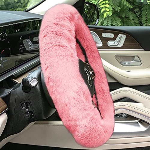 Image of FH Group Doe16 Faux Rabbit Fur Cozy Steering Wheel Cover Ultimate Protection Universal Fit for Most Cars, Trucks, SUVs, and Vans Pink
