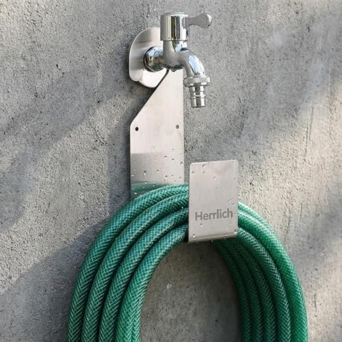 Image of Herrlich Homes Durable Heavy Duty 304 Stainless Steel Garden Pipe Stand | Wall Mounted Watering Hose Holder | Portable Irrigation Hose Hanger | Garden Pipe Holder Hook | Pack of 2 | Steel
