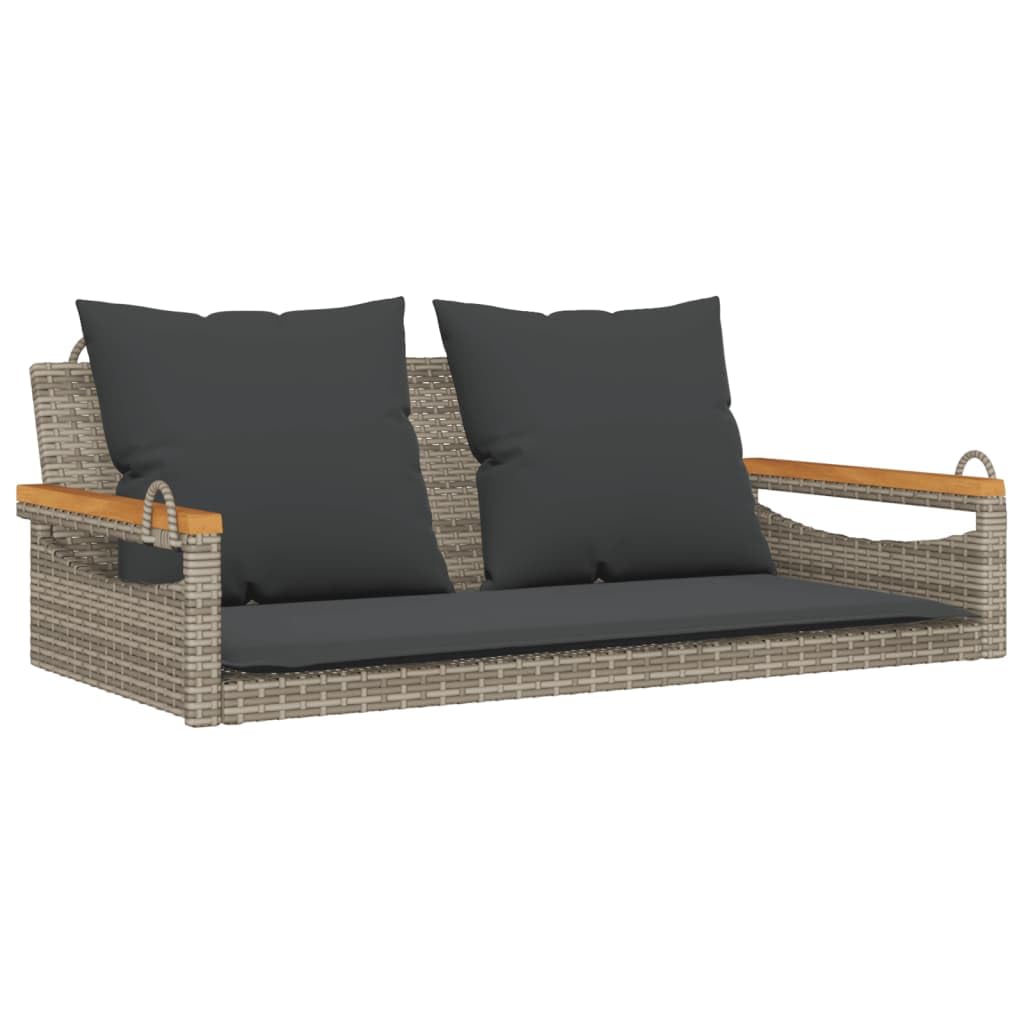 Gecheer Panchina Dondolo in Polyrattan Grigia 109x62x40 cm con Cuscini, Funzione Oscillante, Struttura in Acciaio Verniciato e Legno di Acacia, per Giardino Esterno