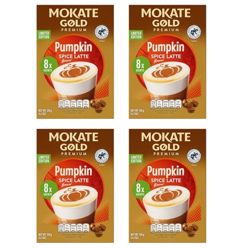 4 X Gold Pumpkin Spice Latte Instant Coffee Sachets - pumpkin spice coffee Autumn and winter Flavour hot drink | 4 Packs x 8 Sachets (32 Sachets) pumpkin spice syrup | Barista-Style Latte at Home