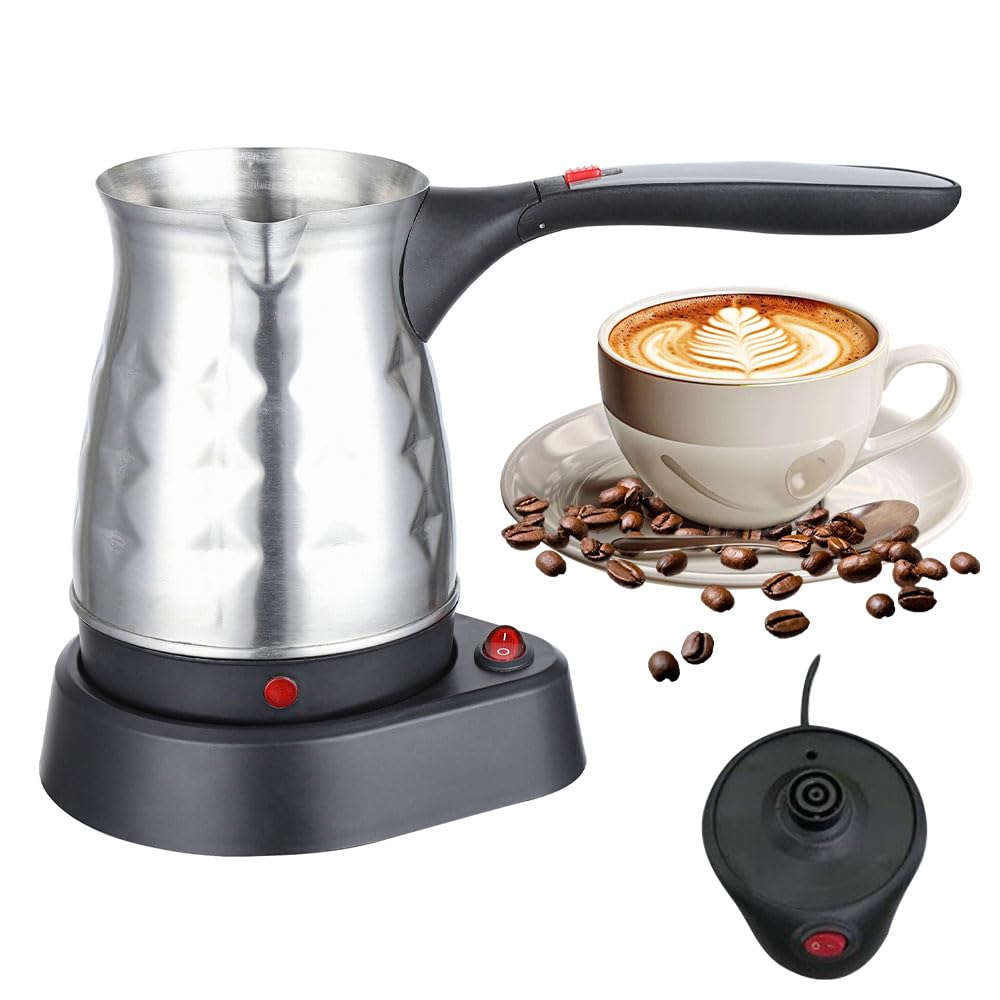 Elektrische Kaffeekanne, 500 ml Elektrische türkische Kaffeekanne, Edelstahl-Kaffeekessel mit Henkel, Elektrische Kaffeekocher für Zuhause Camping Büro Reisen