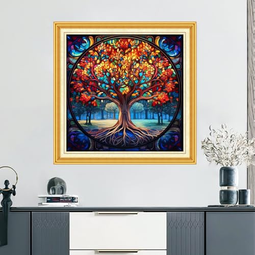 Image of DMCVIVR Stamped Cross Stitch Kits for Beginners Adults Needlepoint Kits for Beginners Embroidery Kits for Adults Crossstitch Kit for Beginners 11CT-Colorful Life Tree 18x18 inch, ArtKits05