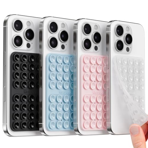 Image of 4Pack Silicone Double-Sided Suction Phone Case Detachable Mount, Octo Cup Buddy Sticky Grip for iPhone, Hands-Free Phone Accessories for Selfies and Videos, Clear & Light Pink & Light Blue & Black