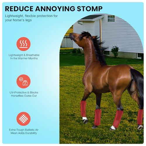 Mesh Fly Boots Horse Fly Boots Mesh Fly Wraps Leg Guard for Horse Set of 4 (Red)