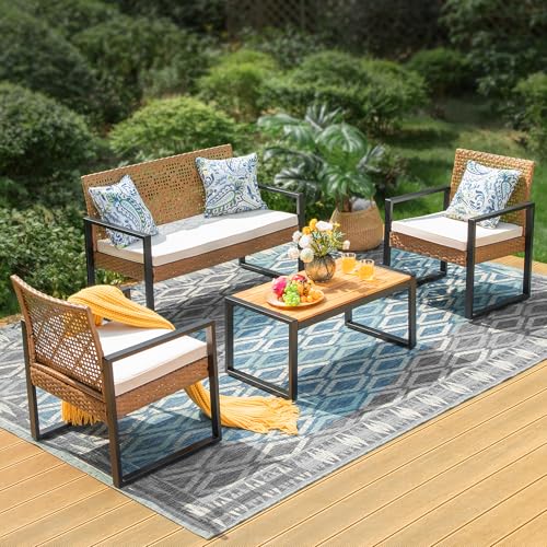 MFSTUDIO Polyrattan Gartenmöbel Set Balkonmöbel Outdoor Sitzgruppe Set Terrassenmöbel Lounge Gartenmöbel Set Tischplatte aus Massivem Akazienholz Braun Rattan Beige Kissen MFSTUDIO Polyrattan Gartenmöbel Set Balkonmöbel Outdoor Sitzgruppe Set Terrassenmöbel Lounge Gartenmöbel Set Tischplatte aus Massivem Akazienholz Braun Rattan Beige Kissen
