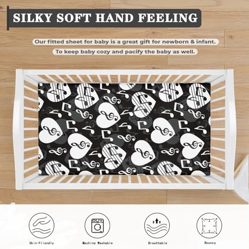 Image of Love Music Notes Baby Crib Sheets for Boys Girls Black Fitted Crib Sheet for Standard Crib and Toddler Mattress Cute Baby Mattress Sheets Toddler Bed Sheet 52x28x8 in