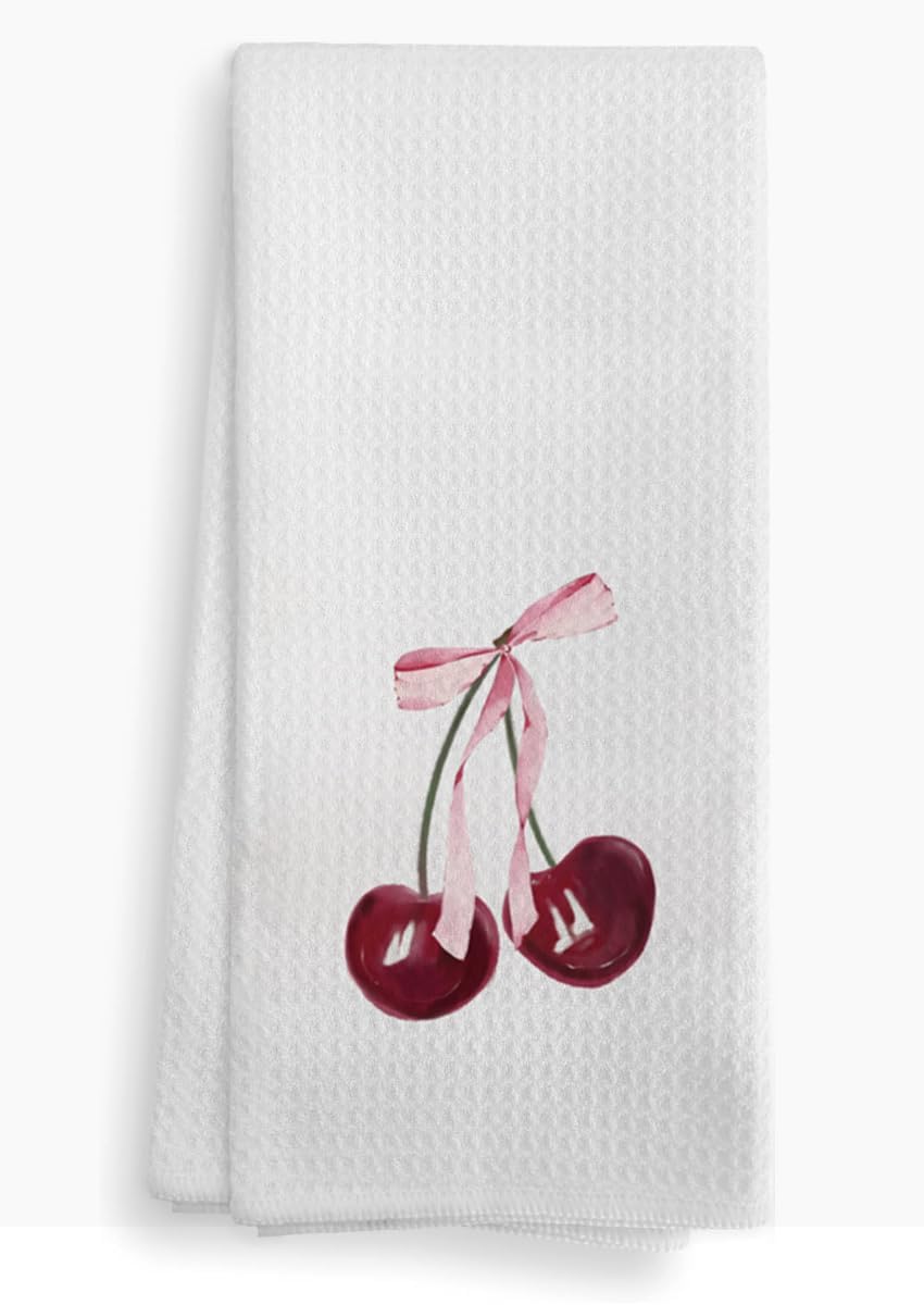 Coquette Preppy Pink-Bow Kitchen Towels Dish Towels, Preppy Cherry Towel for Kitchen Dinning Bathroom, Hand Tea Dish Towels for Kitchen Decor, Kitchen Towel and Dishcloths Sets 16×24 Inches