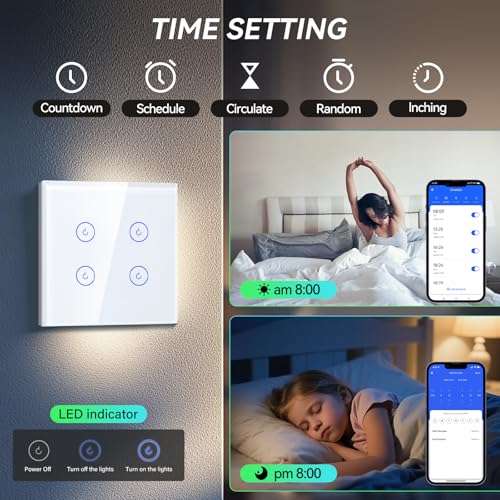 BSEED Smart Lichtschalter 4 Fach 1 Weg Wifi Smart Lichtschalter arbeitet mit Amazon Alexa and Google Home,Touch Wandschalte Glas Touchscreen-schalter Wei&szlig;(Erforderlich NeutralDraht)