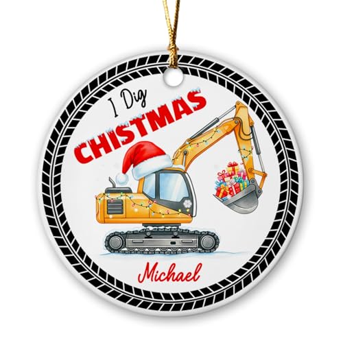 Personlig grävmaskin för barn julprydnad i keramik 2025, jag gräver julkonstruktion lastbilsprydnader gåvor för pojkar son, grävmaskinsprydnader för julgran, gul grävprydnad anpassat namn