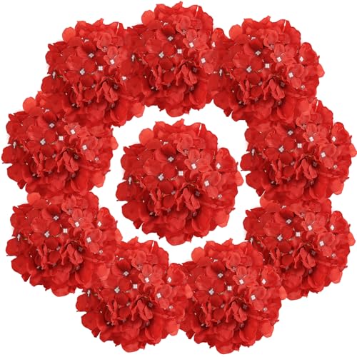 Auihiay 10 Flores Artificiales De Hortensia, Hortensias Artificiales Que Parecen Reales - Flores Grandes para Decoración De Mesas De Boda, Cumpleaños, Arreglos Florales (Rojo)