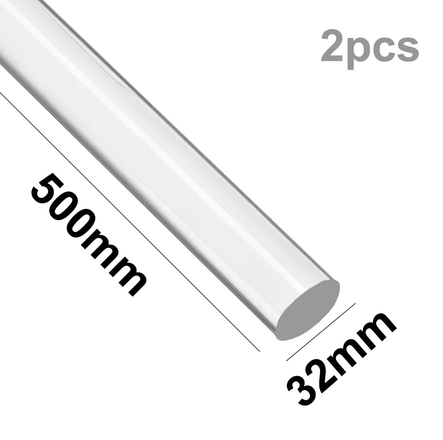Tige en acrylique transparent, Tiges rondes en acrylique transparent solide for l'artisanat, longueur 500mm, diamètre 25-35mm, 2 pièces(32mm)