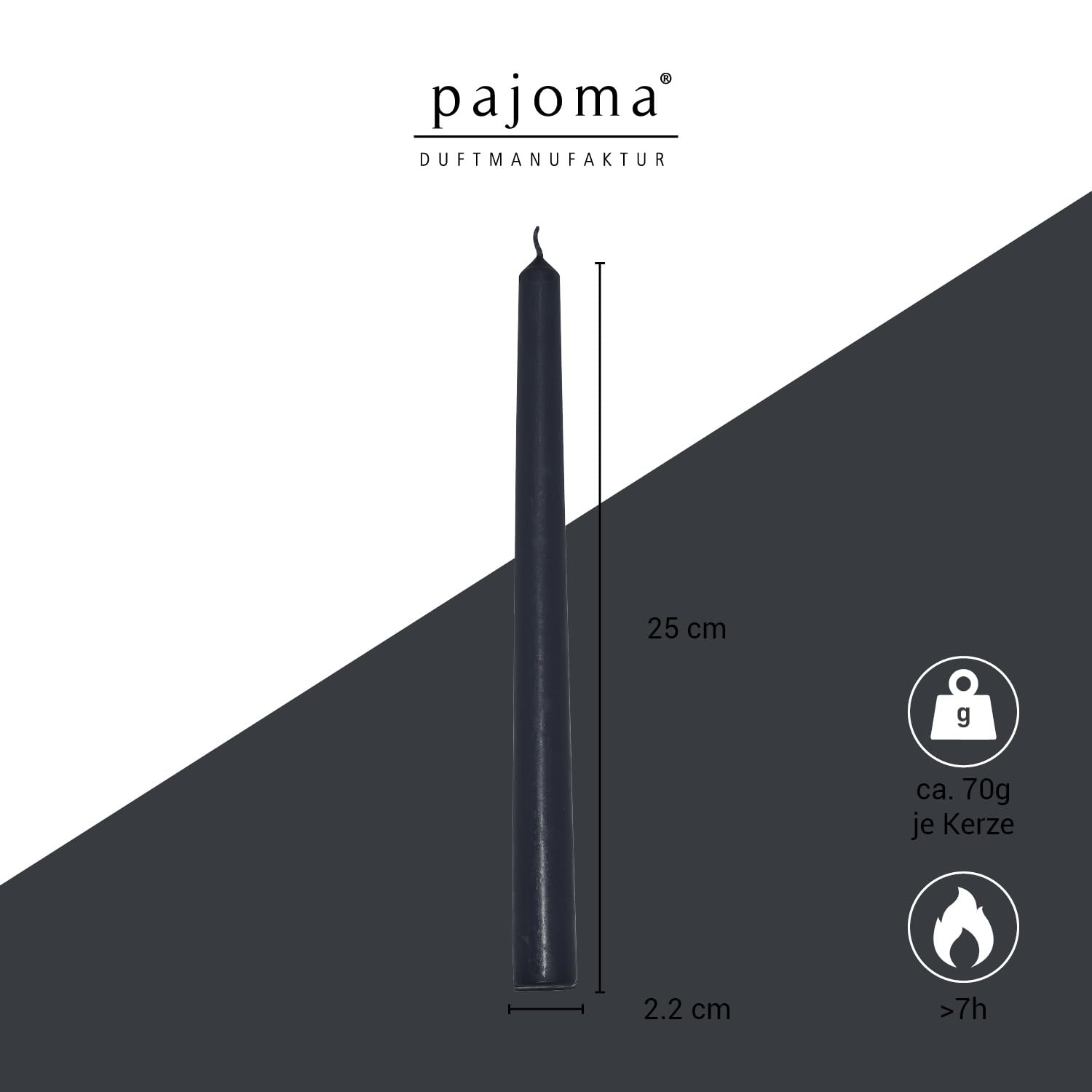 Juego de 10 velas de varilla, color negro, altura 25 cm, diámetro de 2,2 cm, tiempo de combustión 7 horas, velas de punta monocromática, calidad premium, pajoma