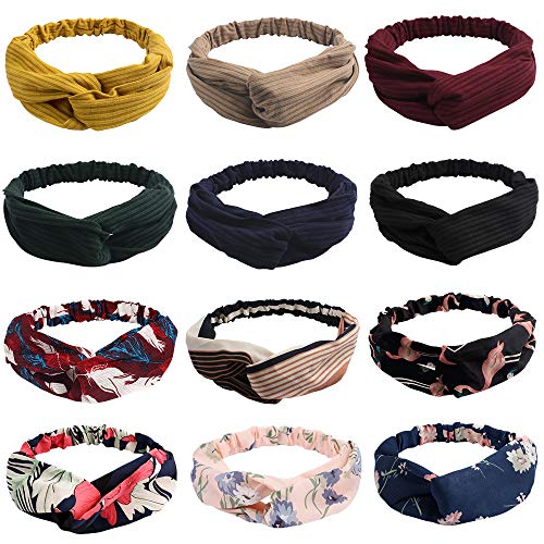 TOBATBOA 12 Pack Boho Headband for Women Vintage Flower Print Headband Retro Polka Dot Hairband Criss Cross Elastic Head Wrap,12 Colors