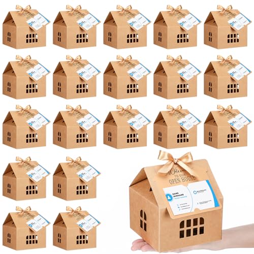 Affrolling 25 Sets Open House Supplies Real Estate Agent Gifts for Clients House Shaped Gift Boxes with Greeting Cards for Real Estate Agent Favors Marketing Supplies (Brown)