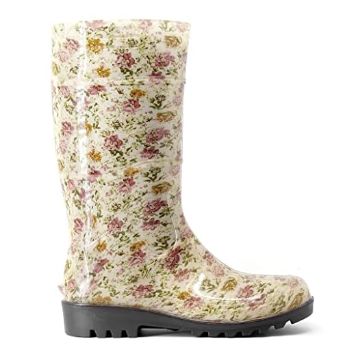 Bota Galocha Feminina Floral Cano Longo Impermeável Flores Rosa Leve - 38