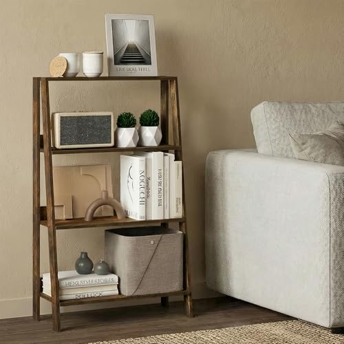 Image of Furinno Ladder 4-Tier Book Shelf, Open Frame Ladder Shelf, Amber Pine | 10.9 x 23.6 x 38.4, Bookcase, Standing Display Storage Shelves, Storage Rack, for Organization, Living Room, Home Office
