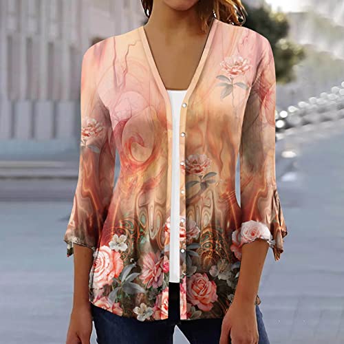 Bohemian Cardigan For Women Summer Dressy 3/4 Sleeve Tops Fashion Open Front Button Blouses Floral Printed Cardigans Kimono #TOP4