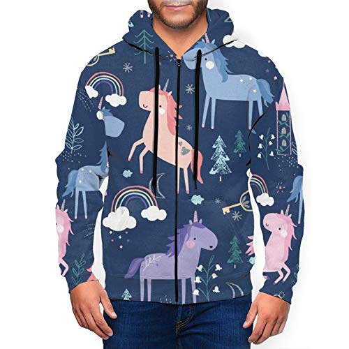 Men's Pink Blue Unicorns Rainbow Cloud Sweate With Pocket And Zip Pullover Shirts, Winter Spring Autumn Lightweight Running Sweatshirt