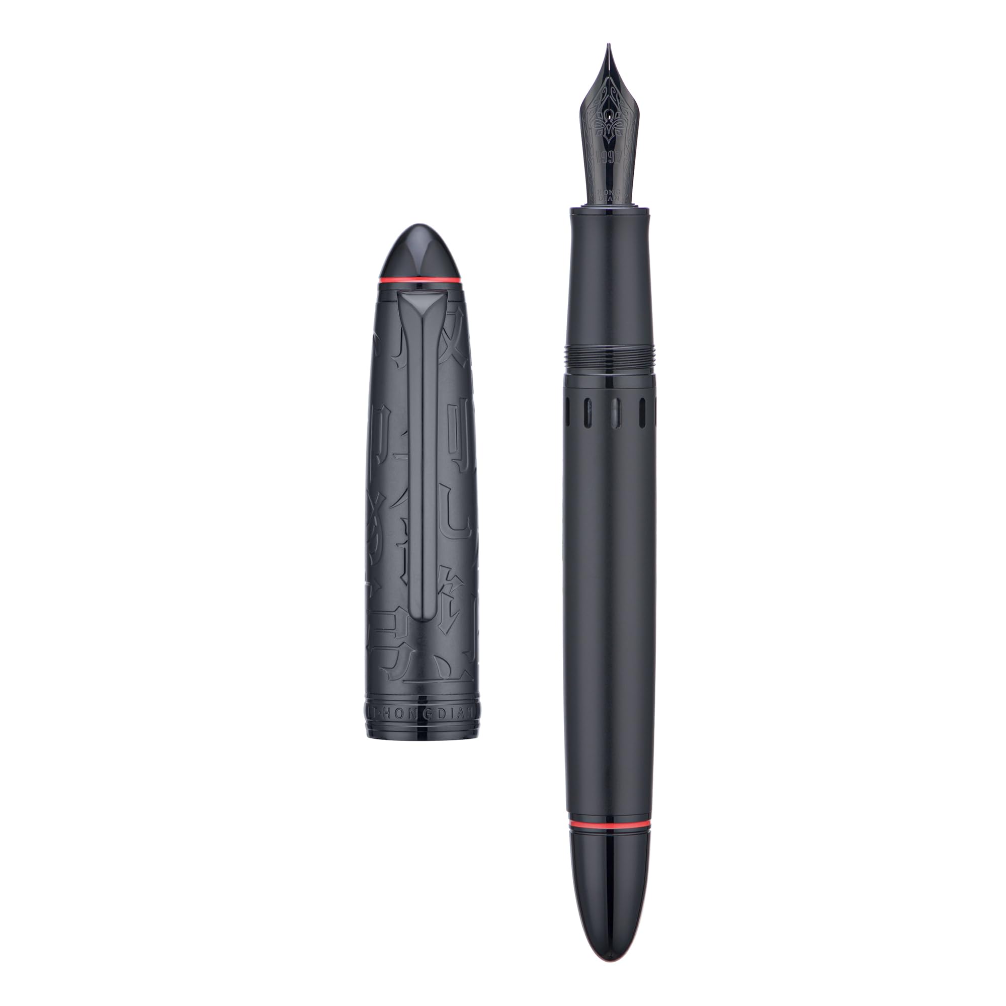 Asvine Hongdian N6 Black Metal Resin Piston Fountain Pen, Black Iridium Fine Nib Classic Pen, Includes Metal Box Writing Pen