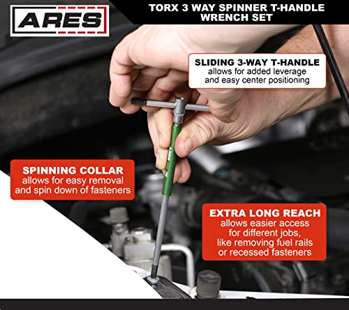 Ares 44003 – 9-Piece Torx 3-Way T-Handle Spinner Star Key Wrench Set – Sizes From T10 To T50 – Sliding Handle, Spinning Sleeve For Versatile Speed And Leverage Application – Friction Treated Tips #TOP4