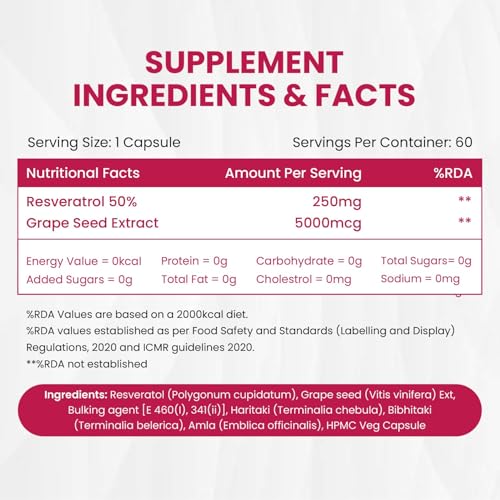 Image of Vlado's Himalayan Organics Resveratrol 255mg with Grape Seed Extract Supplement | Support Heart And Skin Health | Stop Aging | Powerful Anti-oxidant | Anti Aging Supplement for Youthful Skin I Pharma Grade Resveratrol Supplements for Max Absorption - 60 Veg Capsules