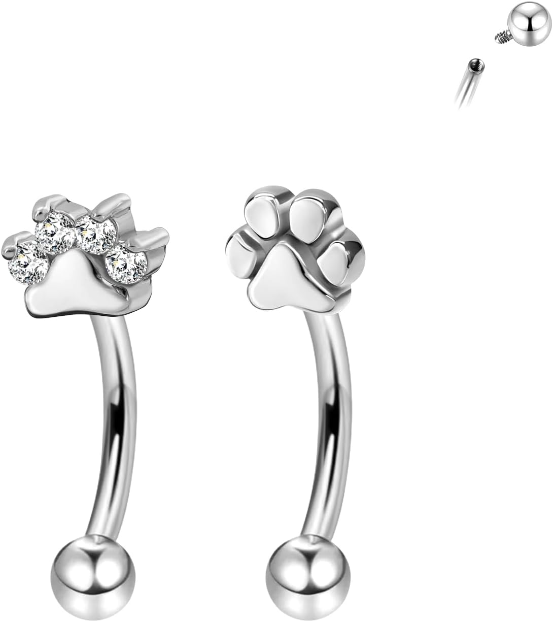 2Pcs Cat Paw Gold Eyebrow Rings Rook Piercing Jewelry 16G 6mm 8mm Threaded Cartilage Tragus Earrings 316L Stainless Steel Paw Prints Vertical Labret Lip Piercing Jewelry