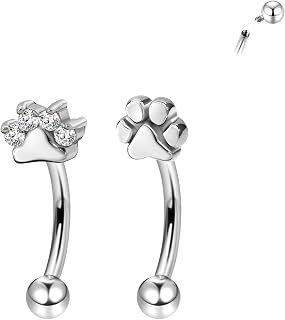 2Pcs Cat Paw Gold Eyebrow Rings Rook Piercing Jewelry 16G 6mm 8mm Threaded Cartilage Tragus Earrings 316L Stainless Steel Paw Prints Vertical Labret Lip Piercing Jewelry