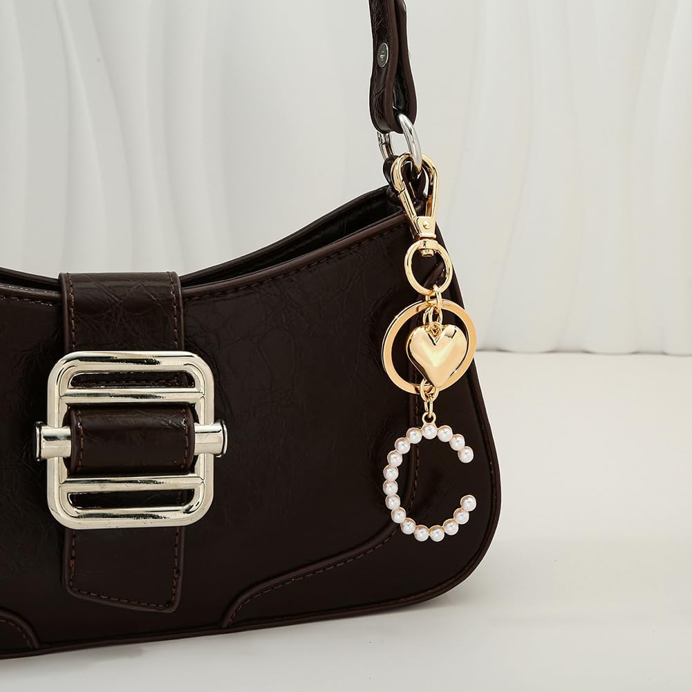Initial Letter Keychains For Women Gold Heart And Pearl Alphabet Bag Charms Purse Accessories Gift - Image 5