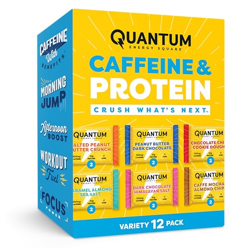 Quantum Energy Square: Energy Bar with Caffeine & 10g Protein. Delicious Healthy Snack On The Go. (Vegan, Gluten-free, Soy-free, Dairy-free) (Variety 12-Pack)