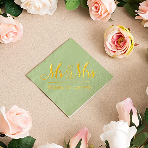 Crisky Sage Green Napkins Mr & Mrs Gold Cocktail Beverage Dessert Napkins for Engagement Party Decorations, Wedding Cake Table Decor Supplies 100 Pcs, 3-Ply - Thumbnail 2