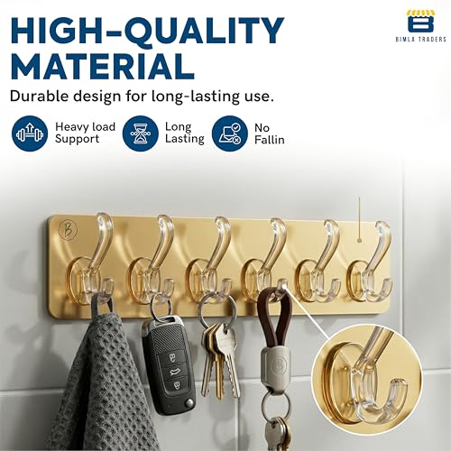Image of Waterproof Stick on Adhesive Wall Hooks 1 Set of 6 Pcs - Heavy Duty Hooks for Photo Frames, Wall Clocks, Keys, Hanging Robe |No Damage, Easy Installation |Smart Storage Solution | Gold