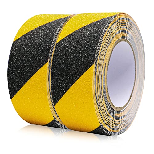 Cinta Adhesiva Antideslizante 2 Rolls de 10 m x 50 mm, Alta Tracción Fuerte Apretón Abrasivo, Cinta Antideslizante Seguridad para Exteriores y Interiores,BOMEI PACK (negro amarillo)