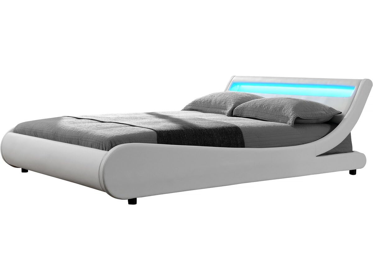 Habitat et Jardin - Lit Double Natacha en Simili Blanc avec LED Intégrées 160 x 200 cm | Cadre de Lit 2 Places Design | Sommier à Lattes Inclus