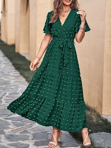 Image of MASCOMODA Women Boho Swiss Dot Maxi Dresses Wrap V Neck Flutter Short Sleeve Solid Tie Waist A Line Tiered Flowy Long Dresses