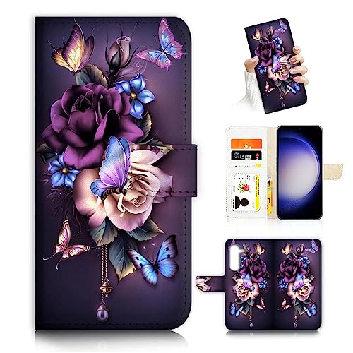 for Samsung S23+, Samsung Galaxy S23 Plus, Art Designed Flip Wallet Style Cover Case Flower Butterfly Painting Full Body Protection AD003 (#24886 Purple Rose Flower s23p)