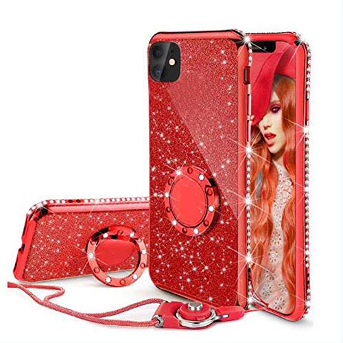 [Victorlan] iPhone 12 Mini Case, Cute Glitter Sparkle Bling Diamond Rhinestone Bumper with Ring Kickstand Women Girls Soft Pink Protective Phone Case for iPhone 12 Mini [5.4 inch] 2020 (Red)