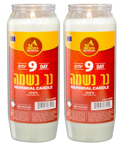 Ner Mitzvah 9 Day Yartzeit Candle - Pack of Two - Kosher Yahrtzeit Memorial and Yom Kippur Candle in Plastic Holder