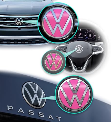 Image of IPG Decal Made for VW 2021 Passat Polo Tiguan Golf Rear /Front Emblem Logo Decals Stickers Set (4 Units) (Gloss Pink)