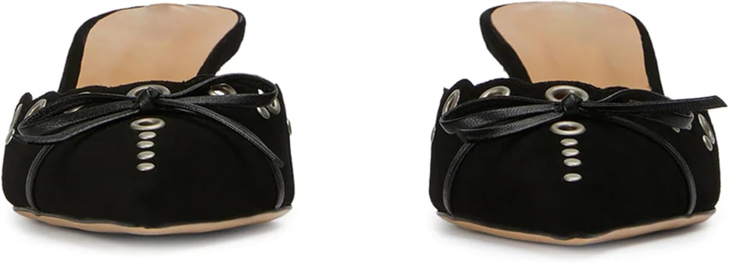 olomisa Womens Kitten Heels, Bow Studded Heeled Mules Pointed Toe Low Heel Sandals Suede Leather Slip on Kitten Heel Pumps - Image 3