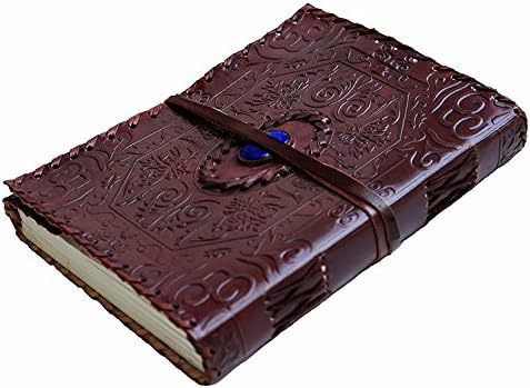 Handmade Vintage Leather Journal - Leather Diary Planner Sketchbook Embossed With Celtic Blue Lapis Lazuli - String Closure - 8” 120 Leaf Refillable Journal