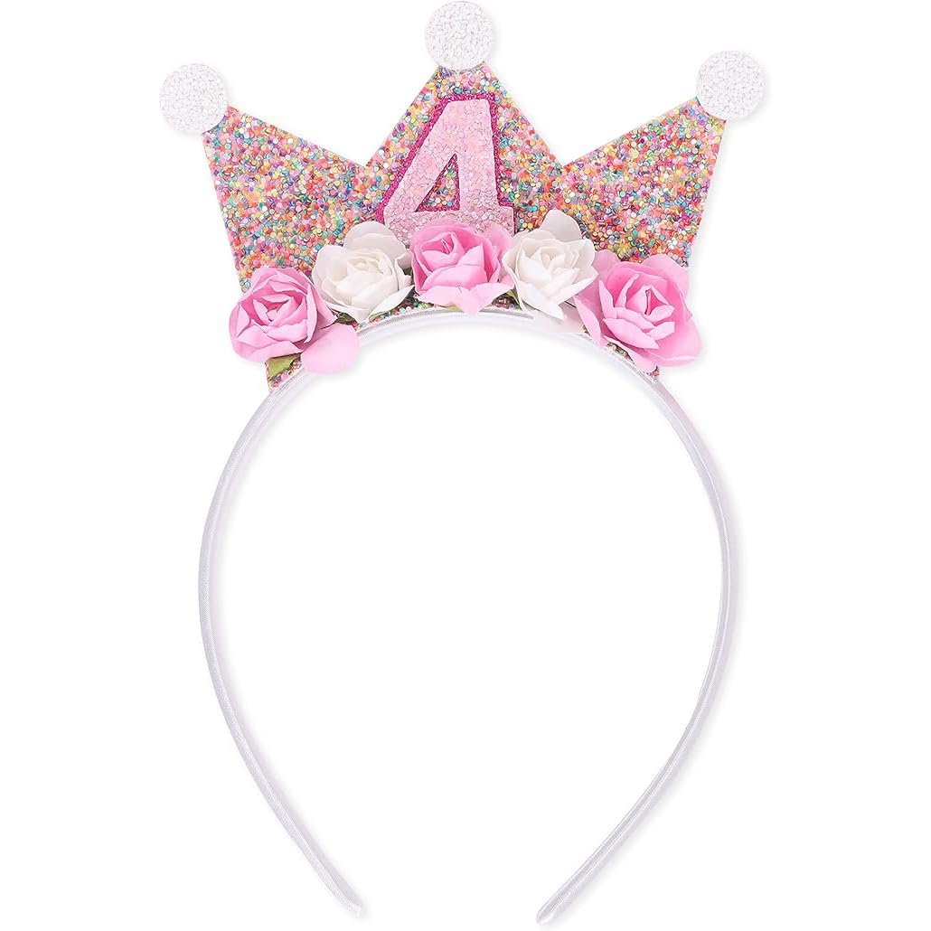 Shirene Birthday Crown,Crown Headbands birthday girl headband Flower Pink Princess Tiara 4th Years Old Headpiece Glitter Hair Band Birthday Decorations Hair Accessory for Women and Girls