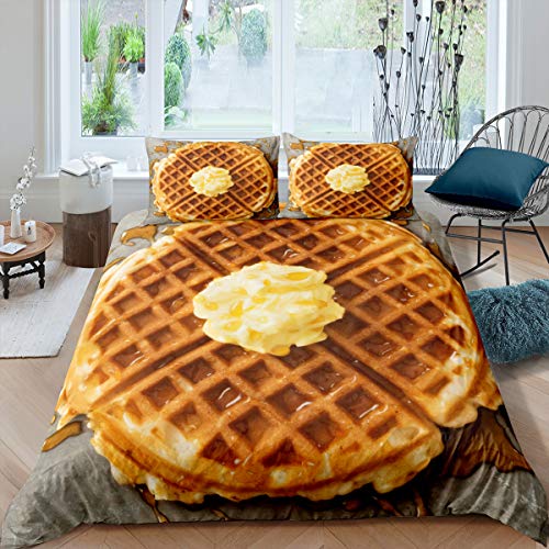 Erosebridal Waffles Comforter Cover Food Theme Bedding Set for Kids Child Youth,Cream Dessert Duvet Cover Novelty Funny Biscuit Quilt Cover with Zipper Soft Cozy Bedroom Decor Full Size