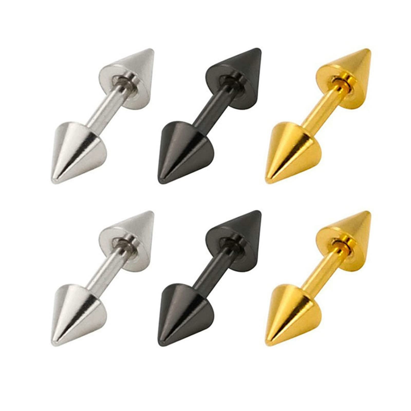 LLXYWJ Edelstahl-Ohrringe für Damen und Herren, Ohrstecker aus Silber und Schwarzgold, 3 Paar (6 ück), geometrischer Kegel, 3–5 mm