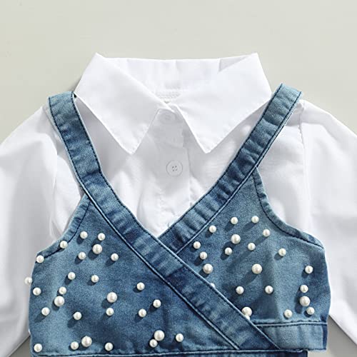 2PCS Baby Girl Strap Pearl Denim Crop Tops Beading Back Bandage Vest + Lapel Button Shirt Dress Set4