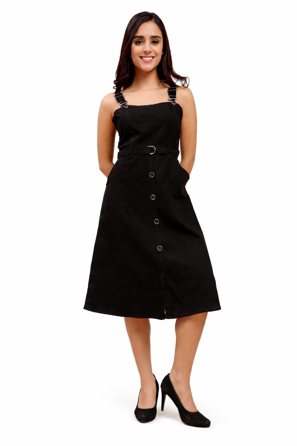 Black Dungaree Dress, Button Front, Belted Waist, Adjustable Straps, Midi Length, Denim Cotton, Regular Fit-image-0
