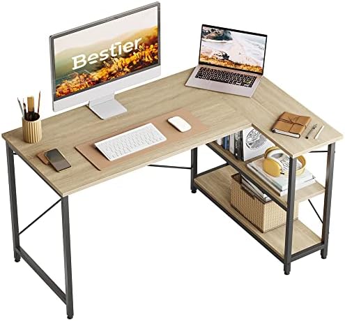 Bestier L Shaped Desk Small Corner Desk with Shelves 120CM Reversible Computer Desk Writing Table with Bookshelf for Home Office Small Space