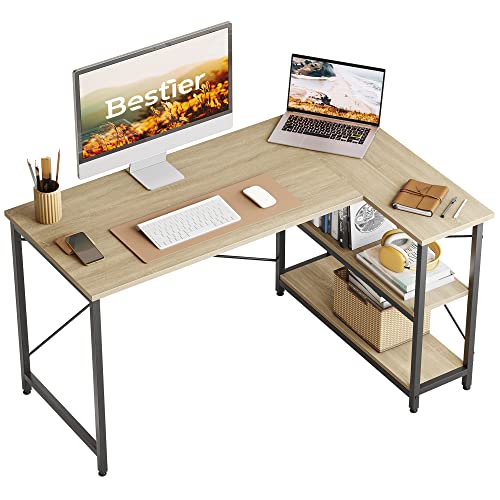 Bestier Computertisch 120CM Reversibel Schreibtisch L Form Eckschreibtisch mit Regal Verstellbare Höhe Kleiner Bürotisch mit Ablagefächern für Heimbüro Raum Stärker X Form Halterung Oak